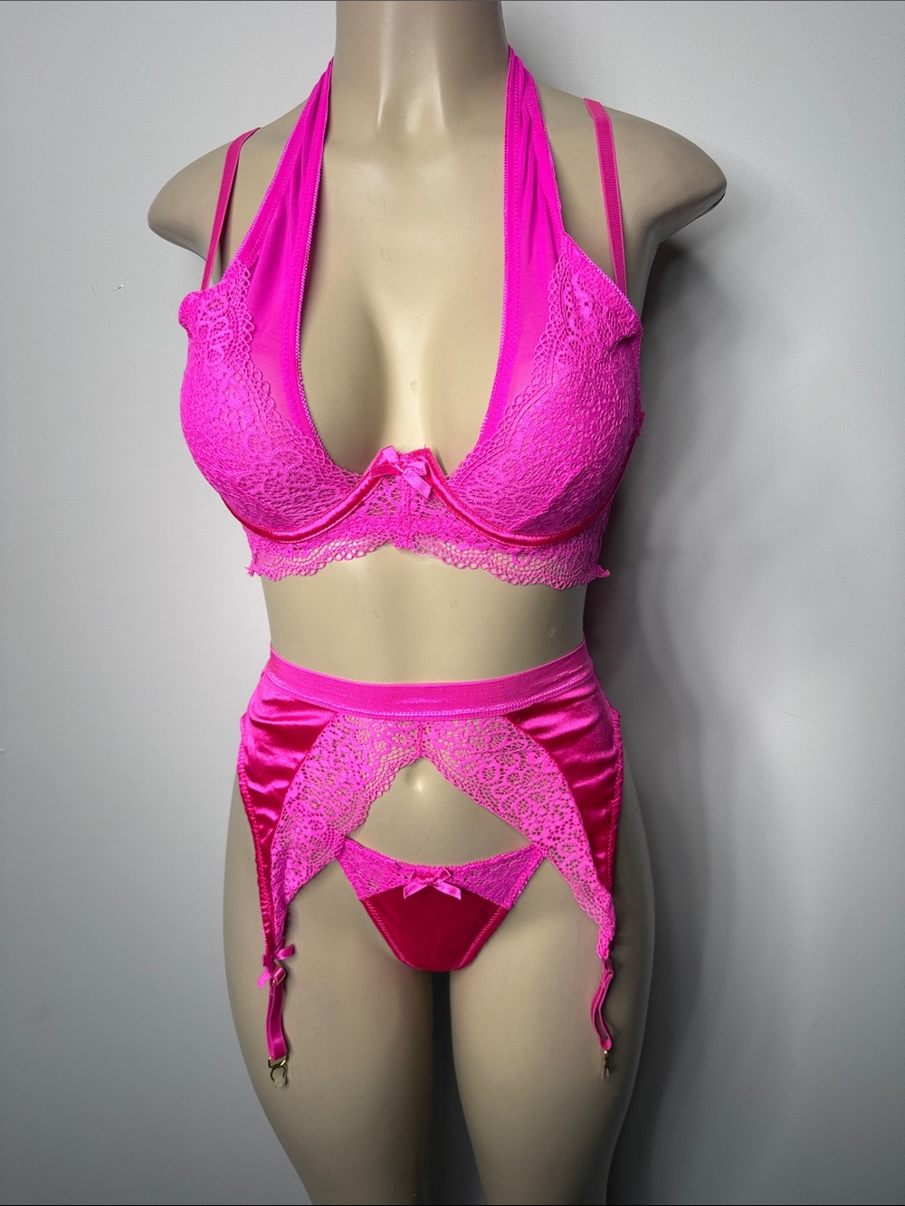 Lace & Satin Halter Bra and Garter Set in Hot Pink